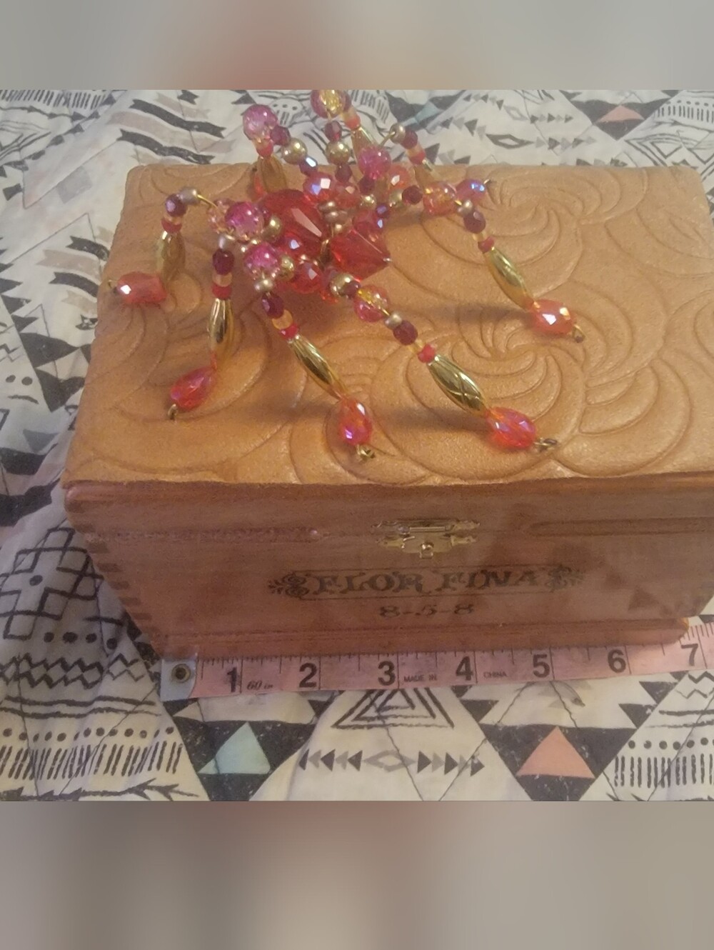 Embellished Gold-Tone Decorative Cigar Box with Spider Beaded Accent